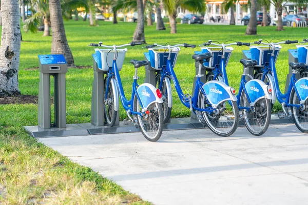 Miami Usa September 2019 Südstrand Von Miami Stehen Blaue Bürgerfahrräder — Stockfoto