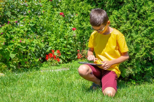 Boy Sitting Lawn Park Tablet Reading Electronic Book — Stock Photo, Image