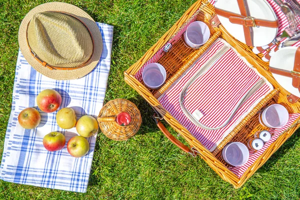 野餐概念与篮子在绿色阳光明媚的草坪上在公园 — 图库照片