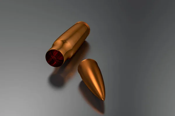 3D case and bullet on a dark surface. Disassembled live cartridge
