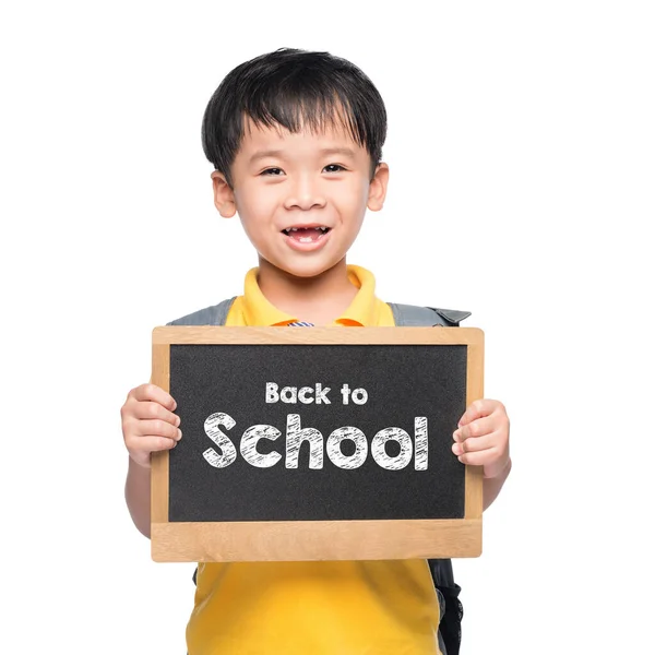 Νεαρό Ασιατικό Χαμόγελο Αγόρι Κρατώντας Πίσω Shcool Chalkboard Πάνω Από — Φωτογραφία Αρχείου