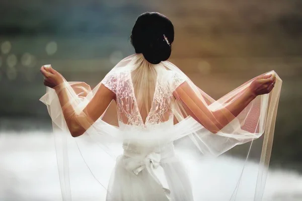 Noiva Poses Com Véu Fluxo — Fotografia de Stock