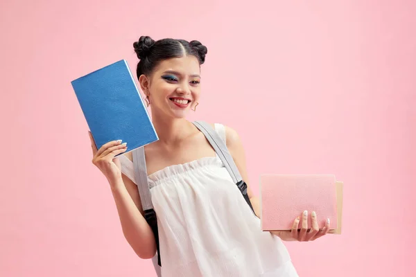 Profiel Side Photo Positive Girl Hold Copy Books Walk Classroom — Stockfoto