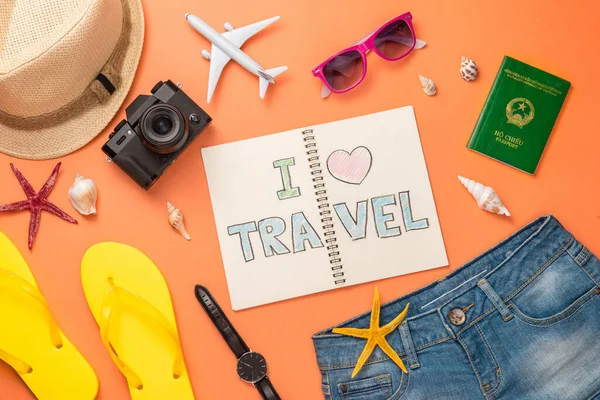 Summer Traveling Concept Vacation Accessories Orange Background — Stock Photo, Image