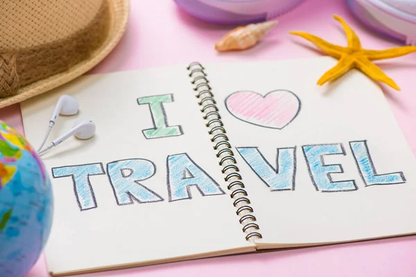 Encanta Viajar Escrito Cuaderno Notas Concepto Vacaciones —  Fotos de Stock