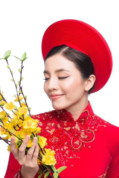 Portrait Beautiful Asian Woman Traditional Festival Costume Dai Holding Hoa — Stock Fotó