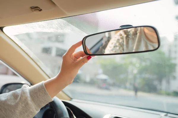 Woman Hands Adjusting Rear View Mirror Car — Stock Photo, Image