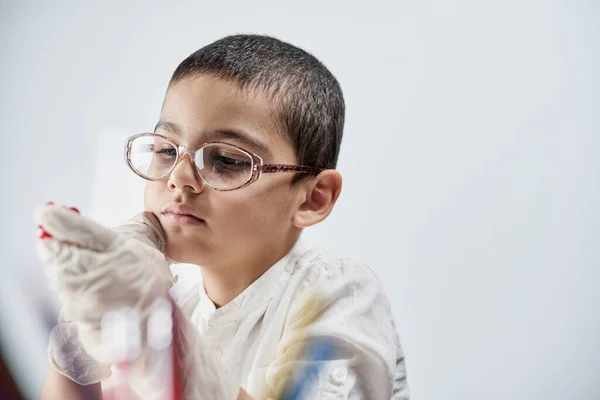 Kid Glasses Gloves Playing Plasticine — Stock Photo, Image