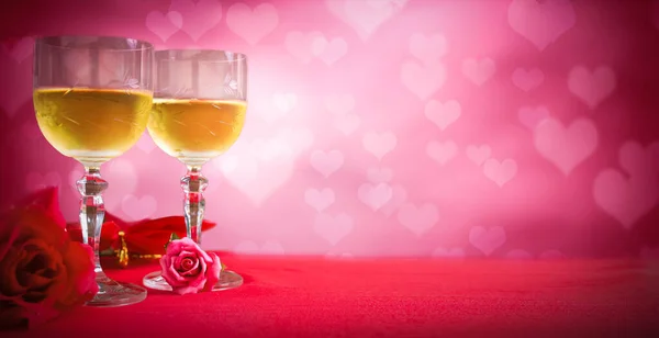 Serca Tło Szampanem Różami Koncepcja Walentynek — Zdjęcie stockowe