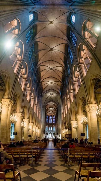 Interior Notre Dame Paris France Tall Vertical View Looking Main — Stock Photo, Image
