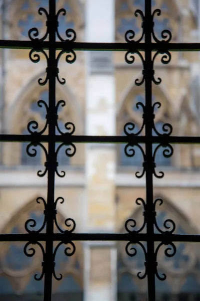 Artistic View Gothic Iron Gate Juxtaposed Cathedral Windows Blurred Background — Stock Photo, Image