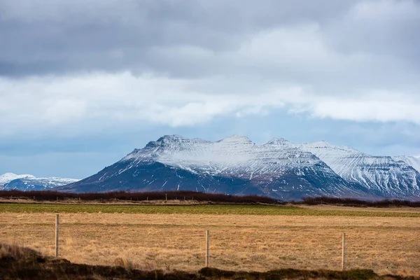 暖かく涼しい色は緑と白いパフの雲が付いている距離の大気の空の雪に覆われた青い山の範囲の草原のこの活気のある風景を構成します — ストック写真