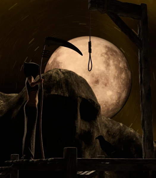 在一个恐怖的夜晚 带着满月和一个拿着镰刀的女性死亡天使 尽情地狂欢吧 乌鸦坐在绞架的底部 — 图库照片