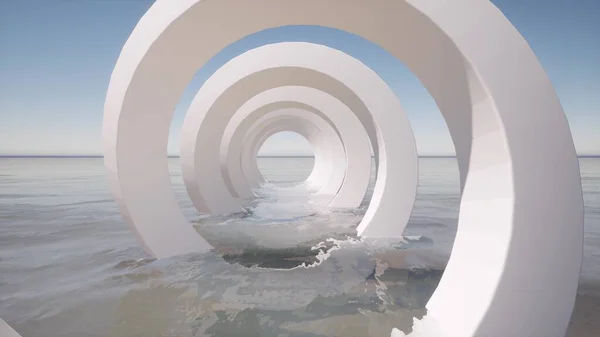 蓝色海水上的现代白色螺旋隧道走廊3D渲染 — 图库照片