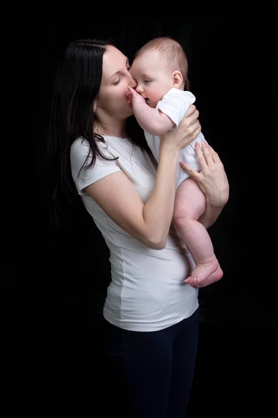 Beautiful Mother Hugs Her Baby Motherhood Mom Little Son Dark — Stock Photo, Image