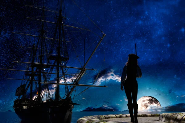 Пиратская Женщина Наблюдает Пиратским Парусником Лунном Свете — стоковое фото