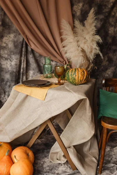 Autumn Interior Table Covered Dishes Pumpkins Relaxed Composition Japanese Pampas — Stock Photo, Image