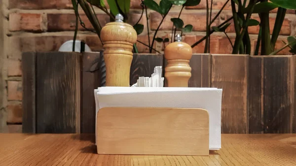 Table Cafe Restaurant White Napkins Wooden Holder Salt Pepper Wooden — Stock Photo, Image