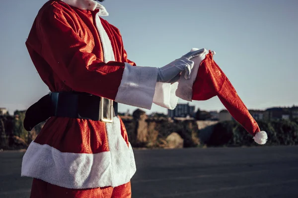 Unrecognizable Santa Claus Putting His Santa Hat — Stock Photo, Image