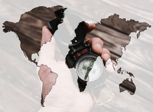 Double Exposure Compass Hand Map World — Stock Photo, Image