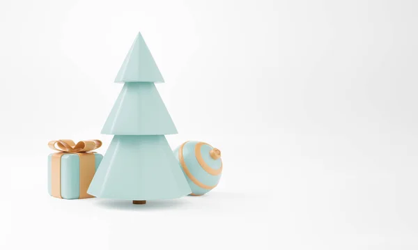 Weihnachtsbaum Mit Geschenkbox Und Kugelweißem Hintergrund Weihnachtsposter Web Banner Illustration — Stockfoto