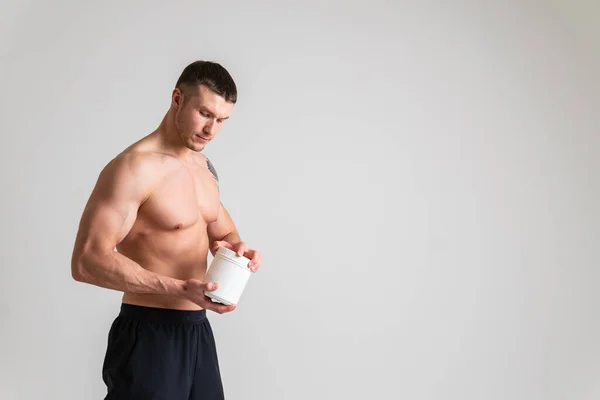 Fitness Protein Jars White White Background Bodybuilder Powder Strong High — Stock Photo, Image