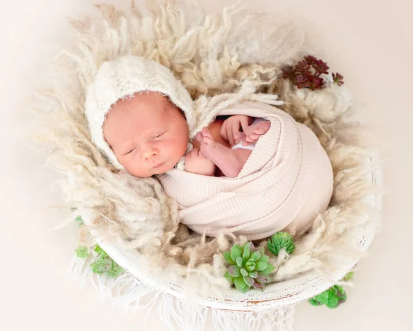 Charming Awake Newborn Lying Cradle — Stock Photo, Image