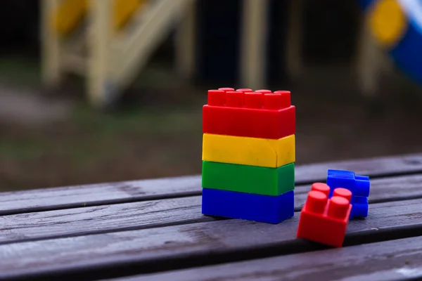 Colorful Toy Building Blocks Bricks Wood Background — Foto de Stock