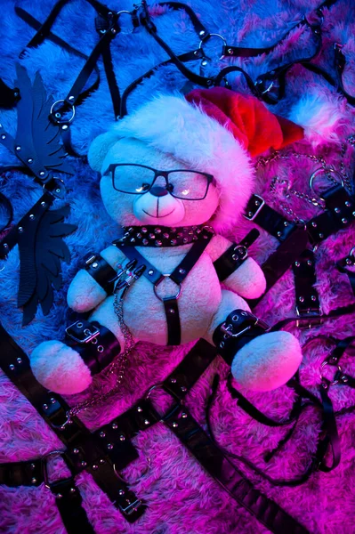 Urso Chapéu Papai Noel Presente Natal Para Jogos Bdsm Uma — Fotografia de Stock