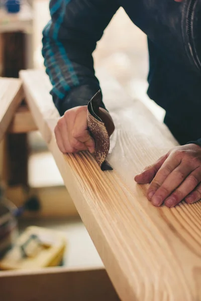 Hands Sandpaper Treat Wooden Plank — Stockfoto