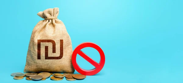 Israeli shekel money bag and red prohibition sign NO. Monitoring suspicious money flows. Monetary restrictions, freezing of bank accounts. Termination projects. Confiscation of deposits.