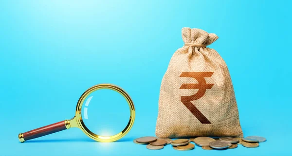 Indian Rupee Money Bag Magnifying Glass Revising Budget Money Most — Stock Photo, Image