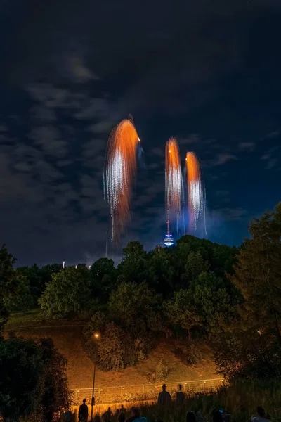 Πλήθος Βλέποντας Πυροτεχνήματα Ένα Πάρκο Νύχτα — Φωτογραφία Αρχείου