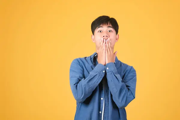 Asian Young Man Covering Mouth Hands — Stock Photo, Image