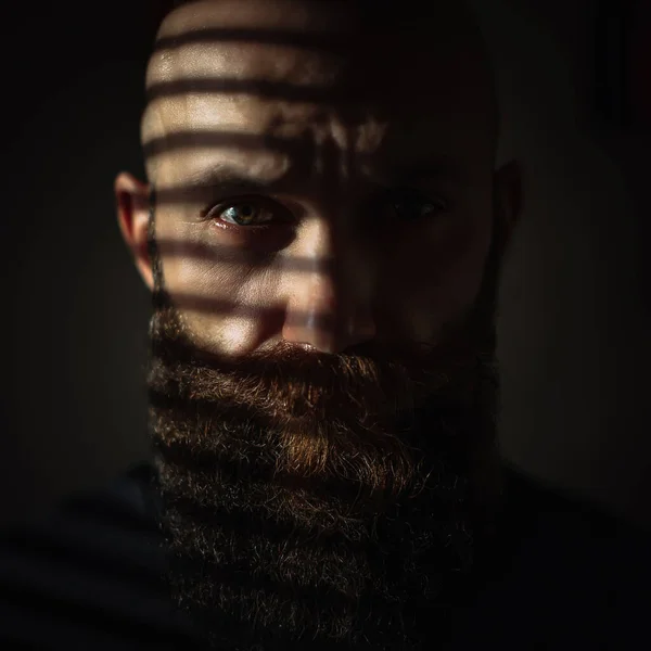 Close Portrait Middle Aged Brutal Bearded Man Expressive Eyes Striped — Stock Photo, Image