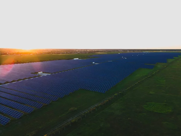 Aerial Drone View Large Solar Panels Solar Farm Bright Sunset — Stok fotoğraf