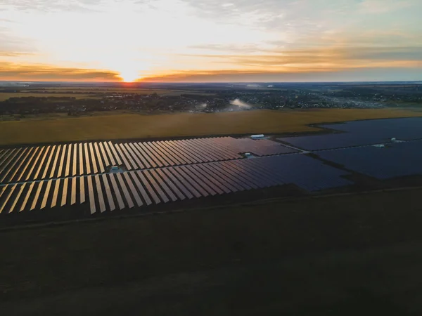 Parlak Günbatımında Kırsal Alandaki Büyük Bir Güneş Çiftliğindeki Büyük Güneş — Stok fotoğraf