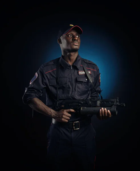 Homem Negro Força Polícia English Translation Polícia Rússia — Fotografia de Stock
