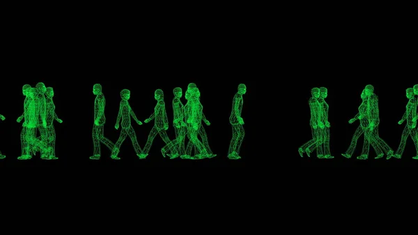 Grüne Drahtmenschen Binärcode Menge Mann Und Frau Gehen Auf Schwarzem — Stockfoto