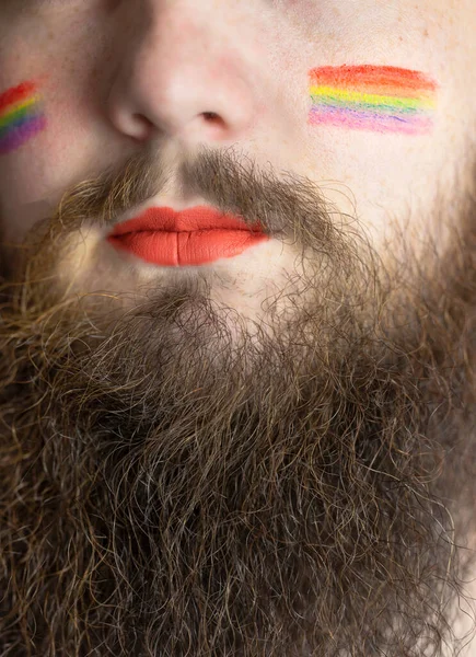 Young Handsome Bearded Man Pride Flag His Cheek Rainbow Flag — Stock Photo, Image
