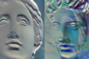 Çağdaş sanat konsepti kolajı. Antik heykel kafası sürrealist tarzda. Modern sıradışı sanat. Arıza efekti, desenli.