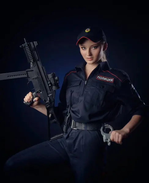 Girl Police Uniform Gun Policeman Gun English Translation Police — Stock Photo, Image