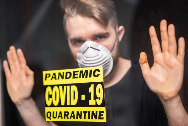 Coronavirus Quarantine Covid Pandemic Concept Sad Sick Man Corona Virus — Stock Photo, Image