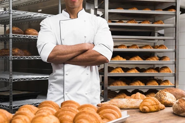 Midsection Male Baker His Arms Crossed Standing Bakery — Stock Photo, Image