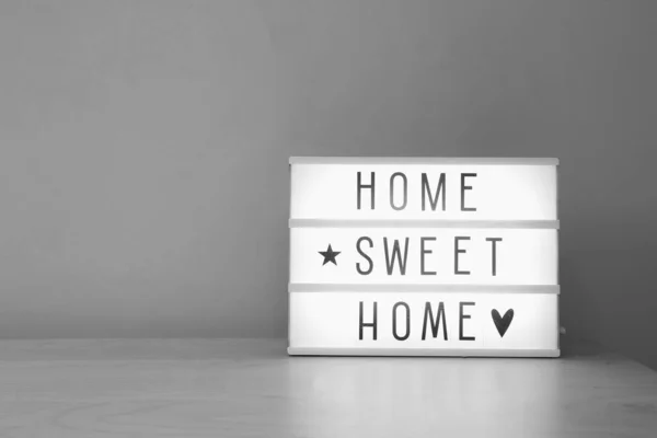 Home Sweet Home Text Lightbox Wooden Shelf Modern Retro Decoration — Stock Photo, Image