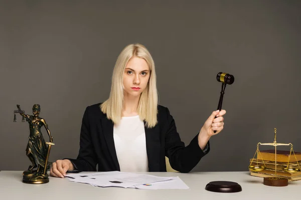 Justice Scales Justice Hammer Litigation Document Female Lawyer Working Legal — Stock Photo, Image