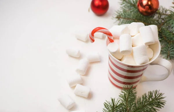 Traditional Hot Chocolate Marshmallows Lollipops White Textured Background Christmas Drink — Stock Photo, Image
