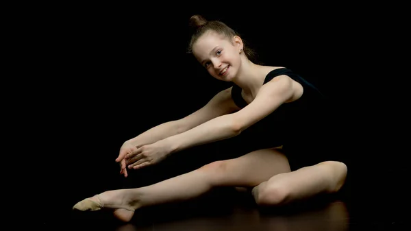 Girl Gymnast Studio Black Background Performs Gymnastics — Stock Photo, Image