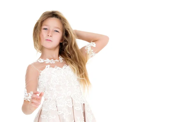 Маленькая Девочка Элегантном Платье Крупный План Изолированный Белом Фоне — стоковое фото