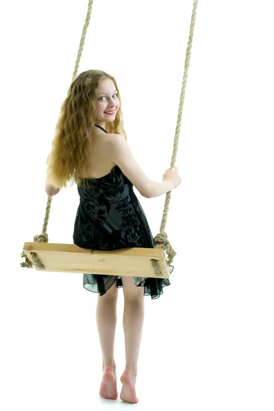 Beautiful Teen School Girl Swinging Swing Concept Summer Vacation — Stock Photo, Image